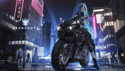 Rule 34 | 1girl, :d, absurdres, arknights, bare shoulders, black footwear, black jacket, black pants, black shirt, boots, car, chinese commentary, chromatic aberration, city, clothes around waist, commentary request, copyright name, green eyes, green hair, highres, horns, hoshiguma (arknights), huge filesize, jacket, jacket around waist, long hair, looking at viewer, motor vehicle, motorcycle, night, night sky, open mouth, pants, shirt, single horn, sky, sleeveless, sleeveless shirt, smile, solo, vehicle focus, very long hair, xtears kitsune
