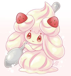 Rule 34 | alcremie, alcremie (strawberry sweet), alcremie (vanilla cream), blush, closed mouth, commentary request, cream, creatures (company), food, fruit, full body, game freak, gen 8 pokemon, gradient background, highres, holding, holding spoon, looking at viewer, mono land, nintendo, no humans, pink background, pink eyes, pokemon, pokemon (creature), smile, spoon, strawberry