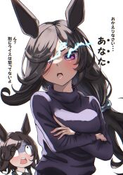 Rule 34 | 2girls, animal ears, blush, commentary request, eye trail, flaming eyes, hair ornament, hair scrunchie, highres, horse ears, horse girl, light trail, mother and daughter, multiple girls, open mouth, purple eyes, rice shower (umamusume), scrunchie, sweat, sweater, translation request, umamusume, zen45013760