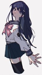 Rule 34 | 1girl, arms behind back, black thighhighs, blue eyes, blue hair, blue sailor collar, blue skirt, bow, bowtie, closed mouth, collared shirt, commentary request, crest, cropped legs, danganronpa: trigger happy havoc, danganronpa (series), eyelashes, fingernails, hair ornament, hairclip, head tilt, highres, leaning back, light smile, long hair, long sleeves, looking at viewer, maizono sayaka, miniskirt, own hands together, pink bow, pink bowtie, pleated skirt, sailor collar, school uniform, serafuku, shirt, simple background, skirt, solo, thighhighs, white background, white shirt, white sleeves, ze ro saiji, zettai ryouiki