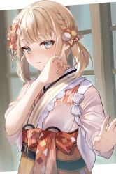 Rule 34 | 1girl, absurdres, blonde hair, blue eyes, blush, commentary request, hair ornament, hakama, hand up, highres, hololive, japanese clothes, kabi akaru, kazama iroha, kimono, looking at viewer, obi, orange hakama, parted lips, pink kimono, pom pom (clothes), pom pom hair ornament, sash, short hair, solo, twintails, upper body, virtual youtuber