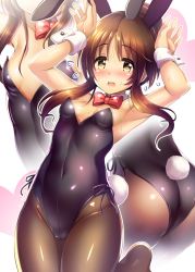 Rule 34 | 10s, 1girl, animal ears, armpits, arms up, ass, blush, bow, bowtie, breasts, brown eyes, brown hair, covered navel, detached collar, embarrassed, fake animal ears, flying sweatdrops, hair bun, head out of frame, heart, idolmaster, idolmaster cinderella girls, leg up, leotard, long hair, looking at viewer, ment, multiple views, no shoes, open mouth, pantyhose, playboy bunny, rabbit ears, rabbit pose, rabbit tail, red bow, ribbon, sidelocks, single hair bun, small breasts, tail, takamori aiko, wavy hair, wrist cuffs, yellow eyes
