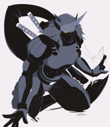 Rule 34 | armor, belt, digimon, digimon (creature), fumamon, highres, muscular, muscular male, ninja, shuriken, weapon