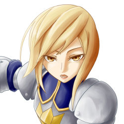 Rule 34 | :o, agrias oaks, armor, blonde hair, brown eyes, final fantasy, final fantasy tactics, knight, looking at viewer, open mouth, outstretched arm, serious, simple background, solo, tsurime, upper body, white background