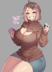 1girl agawa_ryou bear_hair_ornament breasts brown_eyes brown_hair cleavage curvy eraser grin hair_ornament hairclip huge_breasts large_breasts pencil_case short_hair smile solo sweater thick_thighs thighs wide_hips