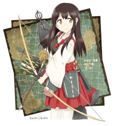 Rule 34 | 10s, 1girl, akagi (kancolle), akatsuki (kancolle), any (lucky denver mint), bow (weapon), brown eyes, brown hair, character name, copyright name, highres, japanese clothes, kantai collection, long hair, map, muneate, personification, pleated skirt, skirt, solo, weapon