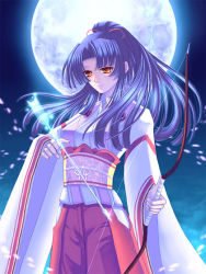 Rule 34 | 1girl, arrow (projectile), bow, bow (weapon), cowboy shot, energy weapon, floating hair, growlanser, growlanser iii, japanese clothes, kimono, long hair, long sleeves, looking at viewer, moon, moonlight, nago, nago (growlanser), nago (lady centaur), night, ponytail, red eyes, silhouette, sky, solo, standing, weapon, wind, yayoi tachibana, yellow eyes