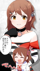 Rule 34 | alternate hairstyle, bare shoulders, black gloves, blush, braid, brown hair, choker, clenched hand, collarbone, commentary, crop top, detached sleeves, dual persona, closed eyes, gloves, grey background, grin, hair ornament, hairclip, hood, hoodie, idolmaster, idolmaster million live!, idolmaster million live! theater days, kasuga mirai, looking at viewer, medium hair, open mouth, red shirt, shirt, side ponytail, smile, solo focus, speech bubble, trinitro t, v-shaped eyebrows, wall, white hoodie, yellow eyes