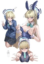 Rule 34 | 1girl, absurdres, animal ears, aqua bow, aqua bowtie, bare shoulders, black skirt, blonde hair, blue archive, blue bow, blue cardigan, blue eyes, blue hairband, blue leotard, blunt bangs, blush, bow, bowtie, braid, breasts, bun cover, cardigan, cleavage, collared shirt, commentary request, fake animal ears, food in mouth, french braid, hair bow, hairband, halo, highres, leotard, long hair, long sleeves, looking at viewer, maid headdress, medium breasts, official alternate costume, official alternate hair length, official alternate hairstyle, one eye closed, open mouth, playboy bunny, pleated skirt, popsicle, popsicle in mouth, school uniform, sexually suggestive, shirt, simple background, skirt, sleeveless turtleneck leotard, solo, standing, sweat, toki (blue archive), toki (bunny) (blue archive), tongue, tongue out, translation request, two-tone leotard, uuuron cha, v, w, white background