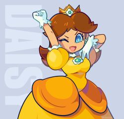 Rule 34 | 1girl, :d, absurdres, arm up, blue eyes, breasts, bright pupils, brooch, brown hair, character name, clenched hand, crown, dress, earrings, eyelashes, flipped hair, flower (symbol), flower earrings, gem, gloves, green gemstone, grey background, hands on own chest, highres, jewelry, lips, looking at viewer, mario (series), medium breasts, medium hair, nintendo, no nose, one eye closed, open mouth, orange dress, princess, princess daisy, puffy short sleeves, puffy sleeves, short sleeves, smile, solo, spudenski, super mario land, white gloves, white pupils, yellow dress