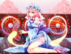 Rule 34 | 1girl, adapted costume, arm garter, arm support, arm up, backdrop, blue hat, blue kimono, breasts, bridal garter, cherry blossoms, circle, cleavage, commentary, detached collar, detached sleeves, folding fan, grey sky, hair between eyes, hand fan, hat, high heels, hitodama, holding, holding fan, japanese clothes, kimono, looking at viewer, mob cap, nagare, off shoulder, petals, petticoat, pink eyes, pink footwear, pink hair, reflective floor, saigyouji yuyuko, short hair, sitting, sky, smile, solo, stage, touhou, tree, triangular headpiece, wariza, water
