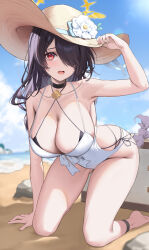 Rule 34 | 1girl, absurdres, bare shoulders, barefoot, beach, black choker, black hair, blue archive, blurry, blush, braid, braided ponytail, breasts, choker, cleavage, collarbone, covered navel, depth of field, hair over one eye, halo, hat, hat ornament, highres, hinata (blue archive), hinata (swimsuit) (blue archive), kneeling, large breasts, long hair, official alternate costume, one-piece swimsuit, one eye covered, open mouth, outdoors, red eyes, samart, solo, swimsuit, thighs, water, white one-piece swimsuit, yellow halo, yellow hat