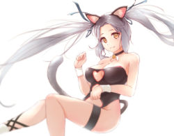 Rule 34 | :3, animal ears, armband, bare arms, bare shoulders, black choker, black leotard, blue ribbon, breasts, cat ears, cat tail, choker, cleavage, cleavage cutout, closed mouth, clothing cutout, dermar, eyelashes, fang, feet out of frame, forehead, grey hair, hair ribbon, heart cutout, knees together feet apart, large breasts, legs, leotard, long hair, looking at viewer, neck bell, original, parted bangs, paw pose, revealing clothes, ribbon, smile, stomach cutout, tail, thigh strap, thighs, twintails, very long hair, white background, yellow eyes