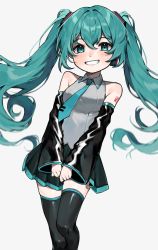 Rule 34 | 1girl, absurdres, aqua eyes, aqua hair, aqua necktie, bare shoulders, black skirt, black thighhighs, blush, breasts, collared shirt, detached sleeves, feet out of frame, flipped hair, grey shirt, grin, hair between eyes, hair ornament, hatsune miku, highres, long hair, medium breasts, necktie, neon trim, open mouth, own hands together, pleated skirt, shirt, shoulder tattoo, sidelocks, simple background, skindentation, skirt, sleeveless, smile, solo, tattoo, thighhighs, twintails, useq1067, very long hair, vocaloid, white background, zettai ryouiki