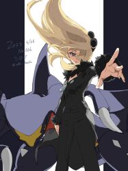 Rule 34 | 1girl, black coat, black pants, black shirt, blonde hair, closed mouth, coat, commentary request, creatures (company), cynthia (pokemon), dated, eyelashes, floating hair, fur-trimmed coat, fur collar, fur trim, game freak, garchomp, gen 4 pokemon, grey eyes, hair ornament, hair over one eye, highres, long hair, long sleeves, nintendo, outstretched arm, pants, pokemon, pokemon (creature), pokemon dppt, shirt, smile, split mouth, spread fingers, standing, v-neck, yodaka (ydk 0365)