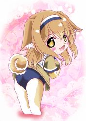 Rule 34 | 10s, 1girl, :3, :d, aka kitsune, animal ears, animal hands, ass, blush stickers, brown eyes, brown hair, chibi, dog ears, dog tail, i-26 (kancolle), jacket, kantai collection, kemonomimi mode, long hair, looking at viewer, open mouth, school swimsuit, smile, solo, swimsuit, tail, twintails