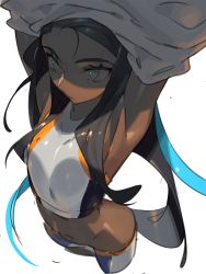 Rule 34 | 1girl, absurdres, amrkdrw, armpits, arms up, bare shoulders, bikini, black hair, blue eyes, blue hair, breasts, closed mouth, clothes lift, creatures (company), dark-skinned female, dark skin, game freak, gym leader, highres, long hair, looking at viewer, multicolored hair, navel, nessa (pokemon), nintendo, pokemon, pokemon swsh, shirt lift, shorts, simple background, small breasts, solo, swimsuit, tankini, white background