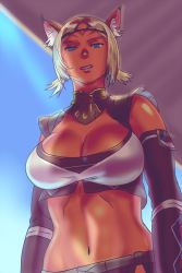 Rule 34 | 1girl, animal ear fluff, animal ears, arms at sides, blonde hair, blue eyes, blue pupils, breasts, cat ears, cleavage, dark-skinned female, dark skin, final fantasy, final fantasy xi, highres, large breasts, midriff, mithra (ff11), navel, no eyebrows, parted bangs, short hair, short twintails, solo, twintails, unamused, yuccoshi