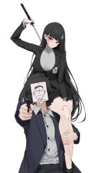Rule 34 | 1boy, 1girl, absurdres, aiming, aiming at viewer, doodle sensei (blue archive), black coat, black hair, black nails, black skirt, blue archive, blunt bangs, carrying, carrying person, closed mouth, coat, faceless, faceless male, feint721, gun, handgun, highres, holding, holding gun, holding sword, holding weapon, hugging another&#039;s leg, katana, leg grab, long hair, long sleeves, looking at viewer, nail polish, nervous sweating, no halo, paper on head, red eyes, revolver, rio (blue archive), sensei (blue archive), simple background, sitting on shoulder, skirt, smile, sweat, sword, turtleneck, very long hair, weapon, weapon behind back, white background