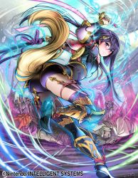 Rule 34 | 1girl, bad id, bad twitter id, blue hair, blush, boots, company connection, copyright name, dagger, fire emblem, fire emblem cipher, holding, holding weapon, japanese clothes, katana, knee boots, knife, long hair, looking at viewer, looking back, mask, nintendo, purple eyes, purple legwear, shorts, solo focus, sword, tail, thigh strap, toyota saori, weapon, yuzu (fire emblem)