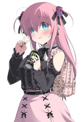 Rule 34 | 1girl, alternate costume, backpack, bag, belt, black belt, black nails, black ribbon, black shirt, blouse, blue eyes, blush, bocchi the rock!, can, collared shirt, cube hair ornament, energy drink, frills, gotoh hitori, hair between eyes, hair ornament, holding, holding can, inui sekihiko, jewelry, jirai kei, long hair, long sleeves, looking at viewer, monster energy, nail polish, neck ribbon, open mouth, pink bag, pink hair, pink skirt, red nails, ribbon, ring, shirt, simple background, skirt, smile, solo, standing, two side up, v, white background