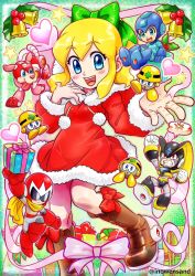 Rule 34 | 1girl, 3boys, alternate costume, android, bass (mega man), bell, blonde hair, blue eyes, blush, boots, bow, box, brown footwear, christmas, dress, fur trim, gift, gift box, green bow, green eyes, hair between eyes, hair bow, hair ornament, heart, helmet, highres, holly, inowensand, jingle bell, knees together feet apart, long hair, mega man (character), mega man (classic), mega man (series), met (mega man), multiple boys, open mouth, ponytail, proto man, red dress, red eyes, ribbon, robot animal, robot dog, roll (mega man), rush (mega man), santa costume, santa dress, scarf, sidelocks, smile