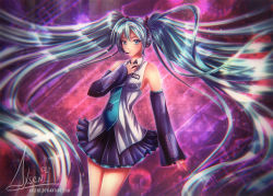 Rule 34 | axsen, bad id, bad pixiv id, blue eyes, blue hair, blurry, detached sleeves, frills, hand on own chest, hatsune miku, headset, long hair, necktie, signature, skirt, solo, twintails, very long hair, vocaloid, watermark, web address