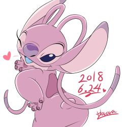 Rule 34 | angel (lilo &amp; stitch), artist name, blowing kiss, dated, facing away, hand on own hip, harara mk2, heart, highres, lilo &amp; stitch, looking at viewer, looking back, no humans, one eye closed, open mouth, pink fur, simple background, solo, stitch!, white background
