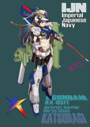 Rule 34 | black hair, blue eyes, bow (weapon), char&#039;s counterattack, character name, commentary request, commission, cosplay, dress, full body, grey background, gundam, helmet, kantai collection, katsuragi (kancolle), long hair, machinery, mecha musume, midriff, moke ro, nu gundam (rx-93ff), nu gundam (rx-93ff) (cosplay), pixiv commission, pleated dress, ponytail, simple background, skirt, smile, weapon, white skirt