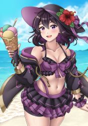 Rule 34 | absurdres, bare shoulders, beach, bikini, black hair, blue sky, breasts, cleavage, cloud, cloudy sky, collarbone, fire emblem, fire emblem awakening, food, hat, highres, ice cream, ice cream cone, lips, medium breasts, midriff, morgan (female) (fire emblem), morgan (fire emblem), navel, nintendo, open mouth, parted lips, purple eyes, short hair, sky, smile, solo, swimsuit, thighs, water