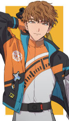 1boy azkn bakuage_sentai_boonboomger boonboom_change_axe border brown_eyes brown_hair bun_orange bureki_genba champion_bun_orange cowboy_shot highres jacket male_focus orange_background orange_jacket short_hair simple_background solo super_sentai white_border