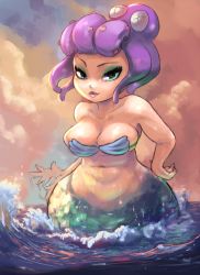 Rule 34 | 10s, 1girl, bare shoulders, belly, breasts, cala maria (cuphead), cleavage, cuphead (game), curvy, cutesexyrobutts, green eyes, hand on own hip, looking at viewer, medium breasts, mermaid, monster girl, naughty face, navel, ocean, octopus, parted lips, raised eyebrow, simple background, solo, water, wide hips