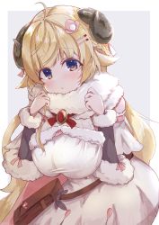 Rule 34 | 1girl, ahoge, animal ears, bag, blonde hair, blush, bow, bowtie, breasts, brooch, cape, closed mouth, commentary, cowboy shot, detached sleeves, dress, fur-trimmed dress, fur trim, grey eyes, hair ornament, hairclip, handbag, highres, hololive, horns, inaba reito, jewelry, large breasts, long hair, looking at viewer, parted lips, pink cape, purple eyes, red bow, red bowtie, ribbed sleeves, sheep ears, sheep horns, simple background, solo, tsunomaki watame, tsunomaki watame (1st costume), virtual youtuber, white background, white dress