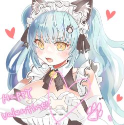Rule 34 | 1girl, animal ears, apron, black dress, blue hair, blush, breasts, cat ears, dress, drill hair, elbow gloves, fake animal ears, fang, gloves, goddess of victory: nikke, heart, heart hands, highres, large breasts, light blue hair, long hair, maid, maid headdress, neck bell, official alternate costume, open mouth, paw hair ornament, privaty (nikke), privaty (unkind maid) (nikke), solo, suicapenginm, twin drills, twintails, very long hair, white apron, white gloves, yellow eyes