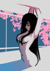 Rule 34 | 1girl, akairiot, armpits, arms up, black hair, breasts, completely nude, convenient censoring, cowboy shot, hair censor, hair over breasts, hair over one eye, highres, leaf, limited palette, long hair, medium breasts, navel, nude, original, sideboob, solo, standing