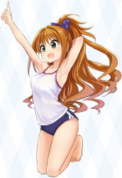 Rule 34 | 1girl, :d, abe kanari, argyle, argyle background, argyle clothes, arm behind head, armpits, bare arms, bare legs, bare shoulders, barefoot, blue shorts, blush, bow, brown hair, camisole, collarbone, commentary request, green eyes, gym shorts, hair between eyes, hair bow, high ponytail, hino akane (idolmaster), idolmaster, idolmaster cinderella girls, index finger raised, long hair, looking away, open mouth, outstretched arm, plaid, plaid bow, shorts, smile, solo, very long hair, white camisole