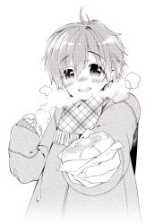 Rule 34 | 10s, 1boy, bad id, bad pixiv id, baozi, blush, coat, dumpling, food, free!, giving, greyscale, looking at viewer, male focus, monochrome, open mouth, plaid, plaid scarf, religious offering, sakiyo cake, scarf, short hair, smile, steam, tachibana makoto, aged down