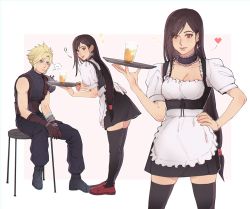 Rule 34 | 1boy, 1girl, apron, armor, black hair, black thighhighs, blonde hair, blue eyes, breasts, cloud strife, cup, drinking glass, earrings, final fantasy, final fantasy vii, final fantasy vii remake, full body, glass, hand on own hip, heart, holding, jewelry, long hair, low-tied long hair, maid, maid apron, multiple views, pudelmudel, red eyes, short sleeves, shoulder armor, sitting, sleeveless, sleeveless turtleneck, spiked hair, thighhighs, tifa lockhart, turtleneck, white apron, zettai ryouiki
