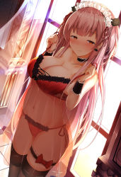 Rule 34 | 1girl, absurdres, bare shoulders, black thighhighs, blurry, blush, breasts, cat earrings, chemise, cleavage, collarbone, commentary request, curtains, depth of field, earrings, from above, hair ornament, highres, hiragi ringo, indoors, jewelry, large breasts, light smile, lingerie, long hair, looking at viewer, maid, maid headdress, midriff, navel, orange eyes, original, panties, pink hair, pulling own clothes, see-through, side-tie panties, smile, solo, standing, stomach, strap pull, sunlight, thigh strap, thighhighs, thighs, tile floor, tiles, two side up, underwear, window