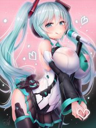 Rule 34 | 1girl, alternate breast size, aqua eyes, aqua hair, bed, blush, breasts, closed mouth, cosplay, covered erect nipples, detached sleeves, doyouwantto, frame arms girl, full-face blush, gradient background, happy, hatsune miku, heart, heart hands, highres, large breasts, long hair, looking at viewer, lying, microphone, nipples, no bra, pink background, pussy juice, see-through, skirt, solo, thighhighs, thighs, tongue, tongue out, twintails, v arms, very long hair, vocaloid, zettai ryouiki
