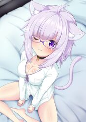 Rule 34 | 1girl, ahoge, animal ear fluff, animal ears, black collar, blush, breasts, cat ears, cat girl, cat tail, chaos 0829, cleavage, collar, glasses, highres, hololive, large breasts, looking at viewer, medium hair, naked shirt, neck ribbon, nekomata okayu, nekomata okayu (oversized shirt), official alternate costume, one eye closed, partially unbuttoned, purple-framed eyewear, purple eyes, purple hair, purple ribbon, ribbon, shirt, smile, solo, tail, unbuttoned, unbuttoned shirt, virtual youtuber, white shirt