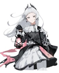 Rule 34 | 1girl, absurdres, arknights, black gloves, black shirt, collar, commentary request, cropped legs, earrings, feather hair, frown, gloves, grey eyes, grey hair, highres, hishoti cheese, holding, holding lantern, irene (arknights), jewelry, lantern, long hair, long sleeves, pantyhose, pink ribbon, pink skirt, ribbon, scar, scar across eye, sheath, sheathed, shirt, simple background, skirt, solo, sword, two-tone skirt, weapon, white background, white collar, white pantyhose, white skirt