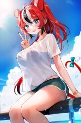 Rule 34 | 1girl, absurdres, alternate costume, animal ears, black bra, blue eyes, blue sky, blush, bra, breasts, cloud, cloudy sky, hakos baelz, highres, hololive, hololive english, large breasts, ponytail, red hair, sharp teeth, shorts, sky, smile, soradally, tail, teeth, underwear, v, virtual youtuber, water drop, wet, wet clothes