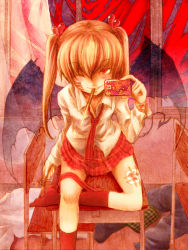 Rule 34 | 1girl, ;), brown hair, cellphone, chair, curtains, demon tail, demon wings, desk, food, holding, long hair, mouth hold, naruse, necktie, one eye closed, original, phone, pocky, red eyes, school desk, shirt, sitting, skirt, smile, solo, tail, twintails, white shirt, wind, wings, wink