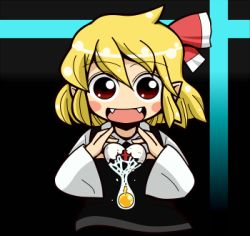 Rule 34 | 1girl, :d, blonde hair, blush stickers, dora ita, egg, egg yolk, embodiment of scarlet devil, fangs, female focus, heart, lowres, open mouth, pointy ears, red eyes, rumia, smile, solo, touhou, upper body