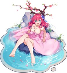 Rule 34 | 1girl, aqua eyes, ark order, artist request, bare legs, bare shoulders, blue flower, blush, branch, breasts, feet, flower, grass, hair flower, hair ornament, highres, large breasts, long hair, looking at viewer, naked towel, no game no life, official art, onsen, petals, petals on liquid, pink flower, pink hair, pink towel, rock, solo, sparkle, stephanie dora, tachi-e, towel, transparent background, water