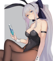 Rule 34 | 1girl, alternate costume, animal ears, bare shoulders, black bow, black choker, black leotard, blue eyes, bow, braid, breasts, brown pantyhose, choker, cleavage, collarbone, commentary request, covered navel, crossed legs, cup, drink, fake animal ears, fate/grand order, fate (series), french braid, grey hair, hair between eyes, hair bow, highres, holding, holding cup, leotard, long hair, looking at viewer, medium breasts, morgan le fay (fate), pantyhose, playboy bunny, ponytail, rabbit ears, sidelocks, sitting, sleeveless, solo, strapless, strapless leotard, thighs, ura illust, very long hair, wrist cuffs
