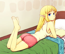 Rule 34 | 1girl, ^^^, alternate costume, ass, bad id, bad pixiv id, bare legs, barefoot, bed, blonde hair, blue eyes, book, casual, feet, hime cut, indoors, legs, legs up, long hair, looking at viewer, looking back, lying, nintendo, on bed, on stomach, open book, pillow, pointy ears, princess zelda, room, saiba (henrietta), shirt, short shorts, shorts, solo, tank top, the legend of zelda, the legend of zelda: skyward sword, toes, white shirt