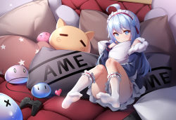 Rule 34 | &gt; &lt;, 0 0, 1girl, :&lt;, :3, absurdres, ahoge, blue eyes, blue hair, blue jacket, blush, chinese commentary, commentary request, controller, creature, dashed eyes, feet, frilled socks, frills, full body, fur-trimmed jacket, fur trim, game controller, hair between eyes, hair ornament, highres, jacket, k.t.cube, kneehighs, knees up, long sleeves, looking at viewer, maid headdress, no shoes, hugging object, off shoulder, original, panties, pillow, pillow hug, skirt, slime (creature), smile, socks, soles, solo, toes, underwear, white panties, white skirt, white socks, x x, | |
