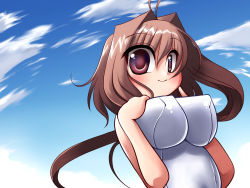 Rule 34 | 1girl, antenna hair, blush, breast suppress, breasts, brown hair, cloud, day, covered erect nipples, khmix, large breasts, long hair, one-piece swimsuit, original, outdoors, red eyes, school swimsuit, sky, smile, solo, swimsuit, white school swimsuit, white one-piece swimsuit